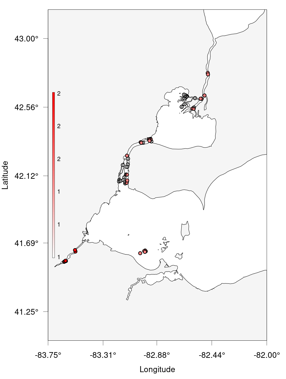 Bubble plot for detections on Lake Erie Stations