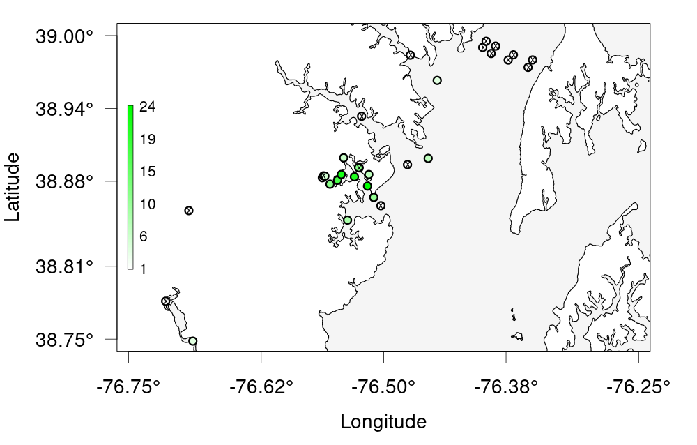 Bubble plot for detections on Lake Erie Stations