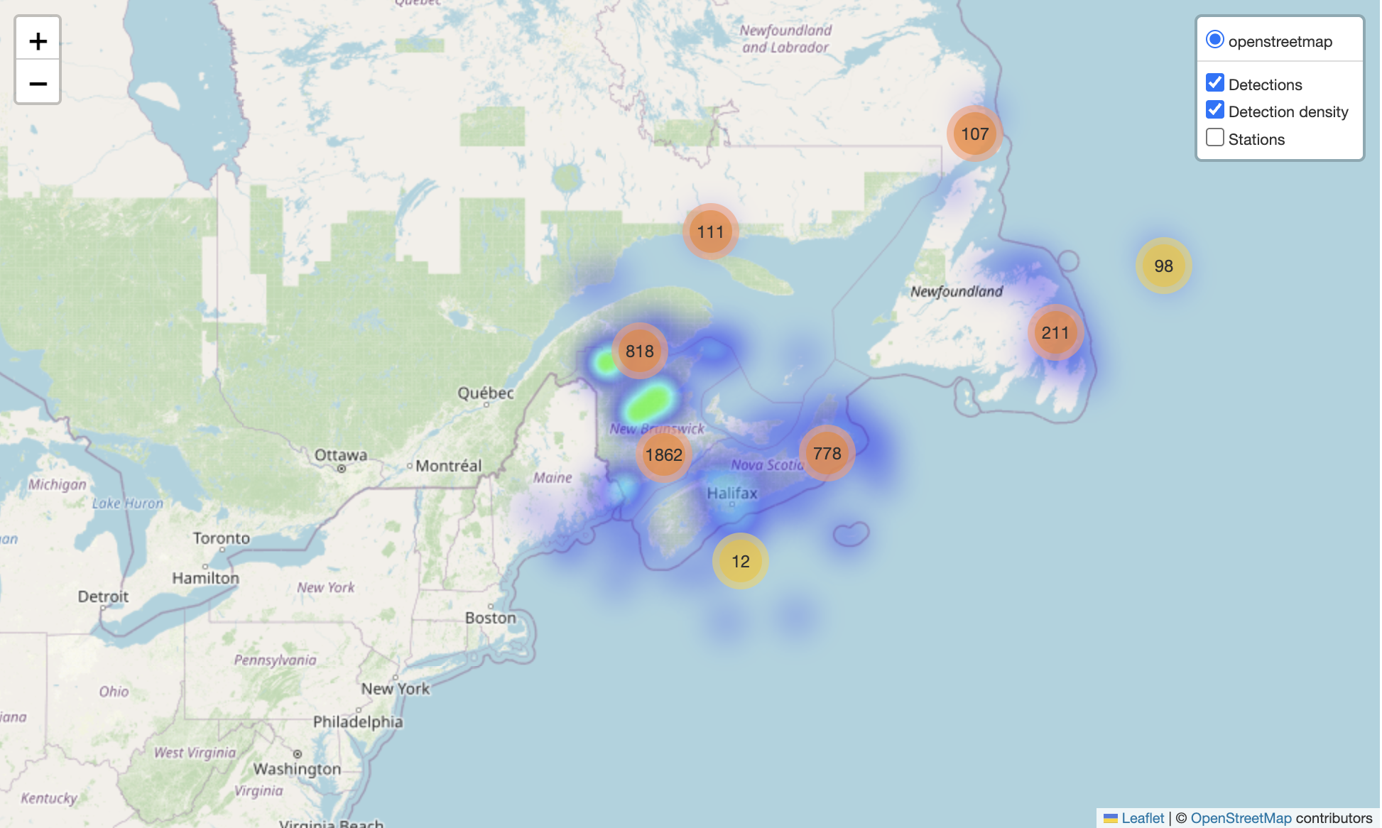 Detections with density heatmap