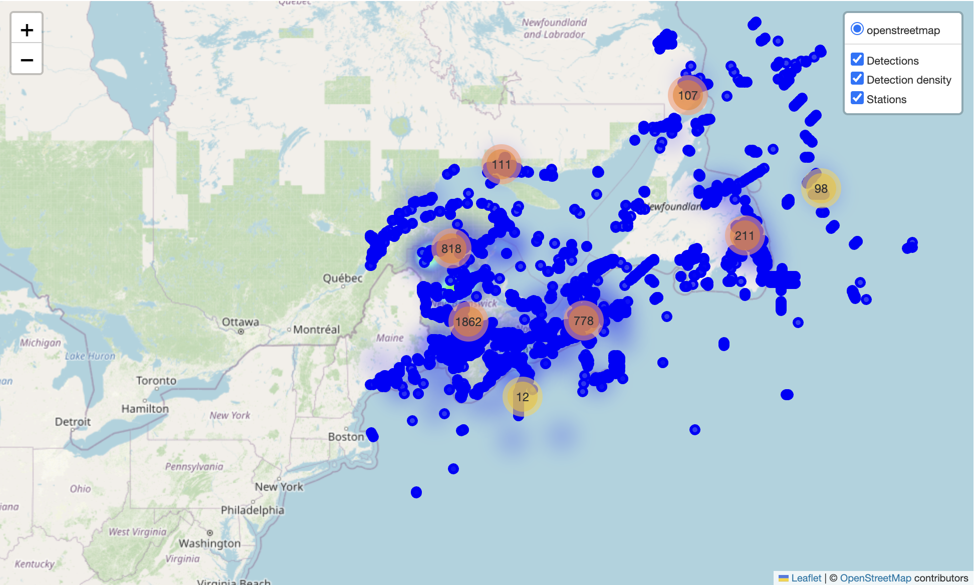 Detections, density heatmap, and stations combined